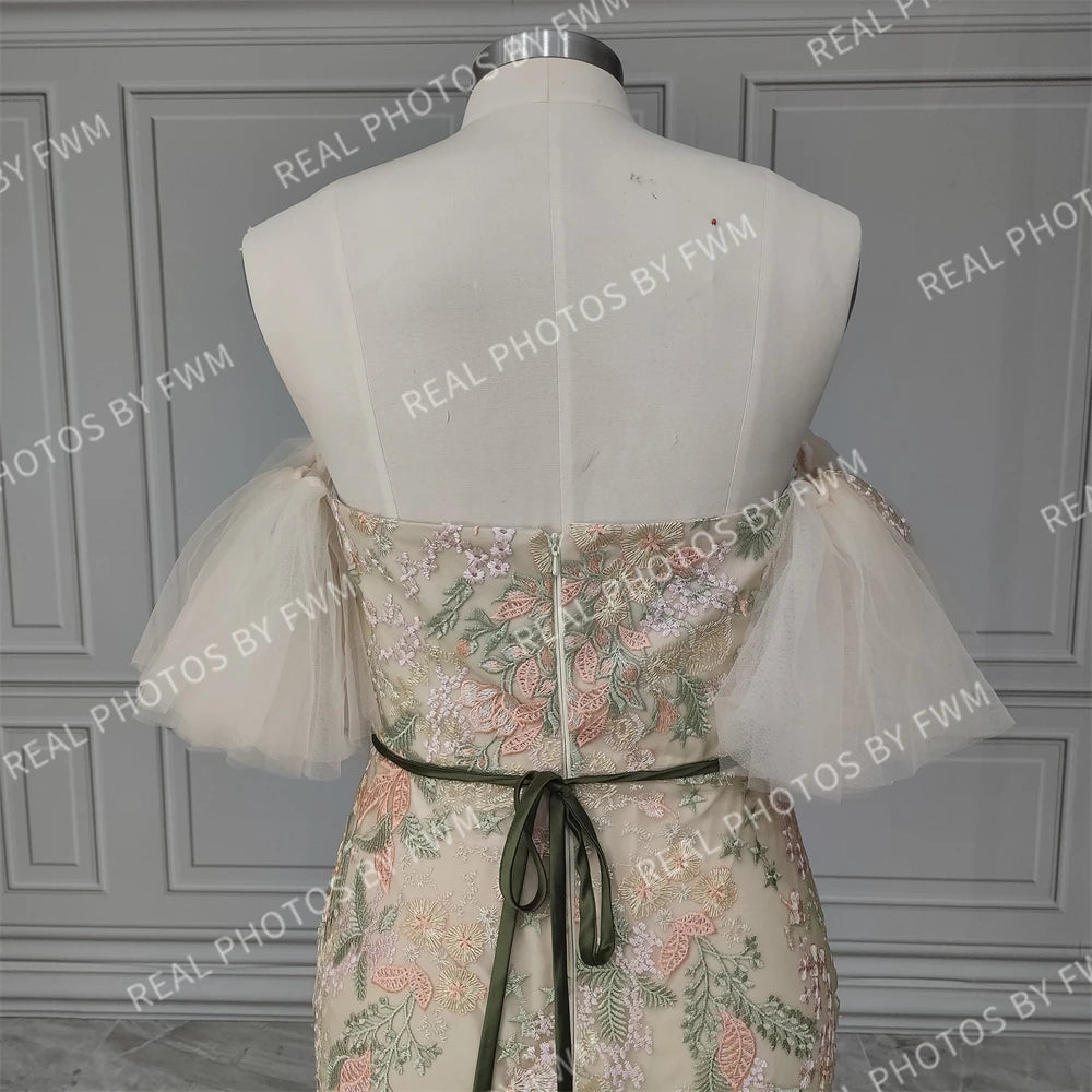 15205# Real Photos Off Shoulder Flowers Sweep Train Tulle Mermaid Wedding Gown Birthday Party Dress for Women Prom Evening Dress