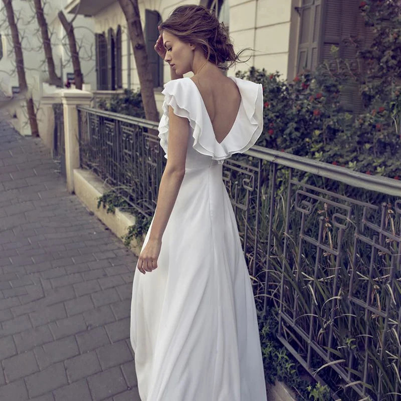 10370#Real Photos Sleeveless Ruffle V Neck Chiffon Beach Open Back Floor Length Simple Elegant Wedding Dress Wedding Bridal Gown