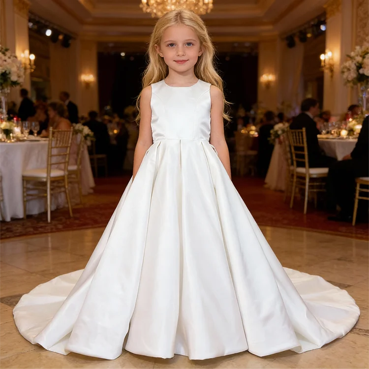 Custom Puffy Sequined Beaded Lace Appliques Tiered Tulle Flower Girl Dress with Sweep Train for Wedding/Party/Stage/Pageant