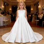 Custom Puffy Sequined Beaded Lace Appliques Tiered Tulle Flower Girl Dress with Sweep Train for Wedding/Party/Stage/Pageant