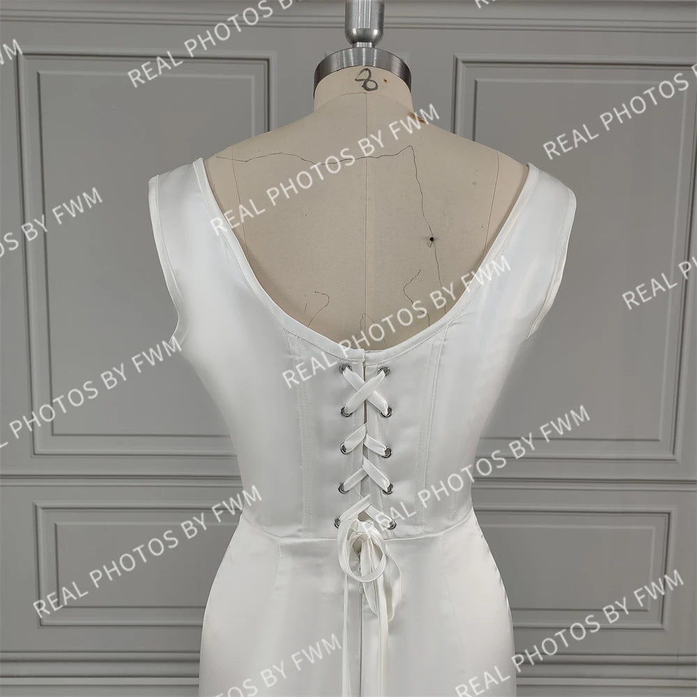 10276# Real Photos Simple Square Collar Satin Mermaid Wedding Dress Backless Lace up Bride Gown for Women Evening Dress