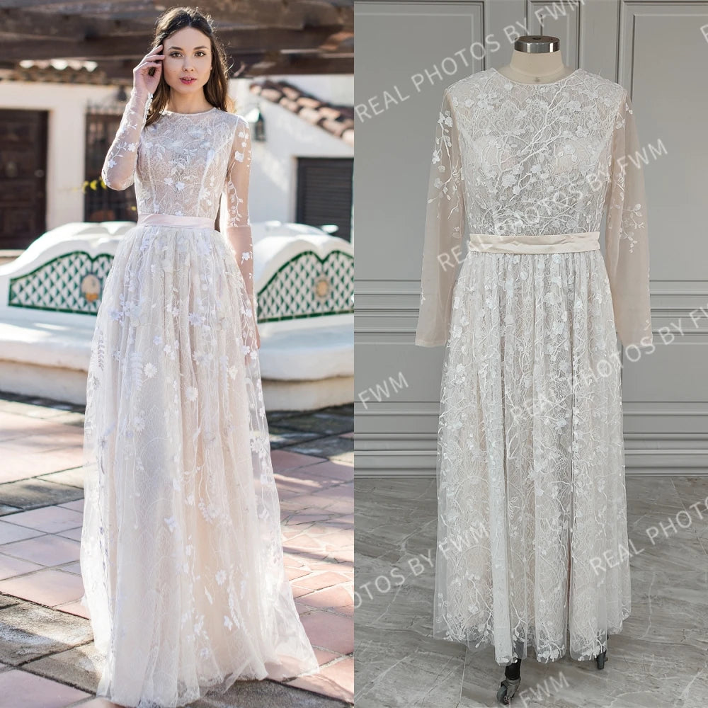 11589# Real Photos Bohemian O-Neck Floor Length A-Line Long Sleeve Flowers Applique Lace Wedding Dress Bridal Gown for Women