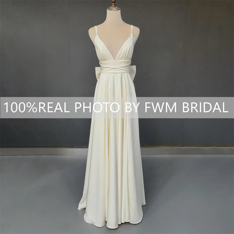 Real Photos Sexy High Split Soft Satin Wedding Bridal Gown Spaghetti Straps V Neck Backless Bow Bridal Dress Evening Dress