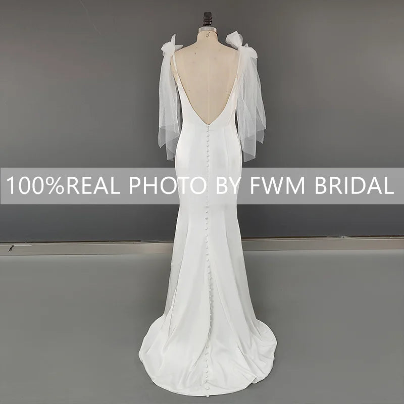 8726#  Real Photos Simple Bow Spaghetti Straps Slit Mermaid V-neck Sweep Train Wedding Dress Wedding Gown Bridal Gown