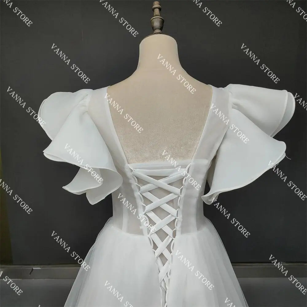 Real Photos Vintage V-Neck Ruffles Sleeves A-Line Wedding Dress Outdoor Pleated Tulle Ankle Length  Bridal Gown for Wedding