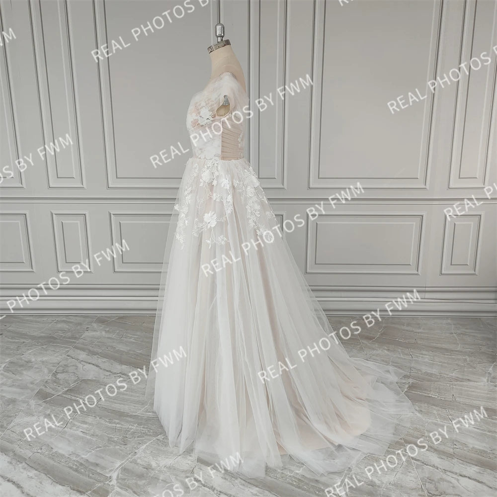Real Photos Off Shoulder V-neck Backless A-line Wedding Dress Elegant Ruffles Lace Sweep Train Bridal Gown Bridal Dress
