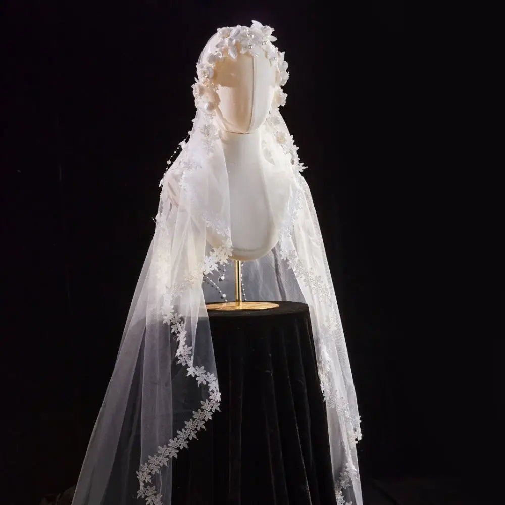 High Quality Elegant Ivory White Pearl 3D Flower Bridal Veil for Wedding Dress Long Headdress Custom Made #V114
