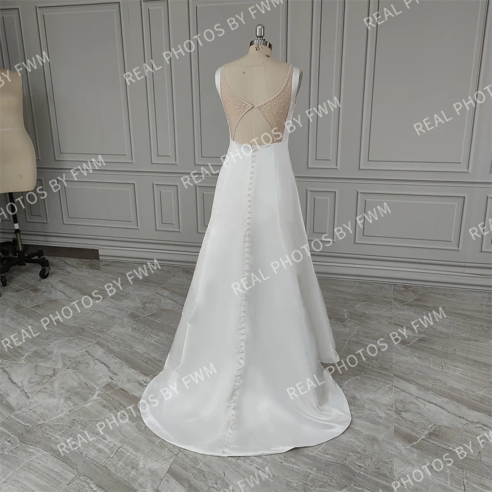 13495# Real Photos Sleeveless Boat Neck Backless A-line Wedding Dress Sweep Train Satin Beading Bride Gown for Women