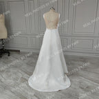 13495# Real Photos Sleeveless Boat Neck Backless A-line Wedding Dress Sweep Train Satin Beading Bride Gown for Women