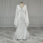 Real Photos High Quality Bohemian Flare Sleeves V-Neck Open Back Lace Wedding Dress Elegant Women Bride Dress for Wedding