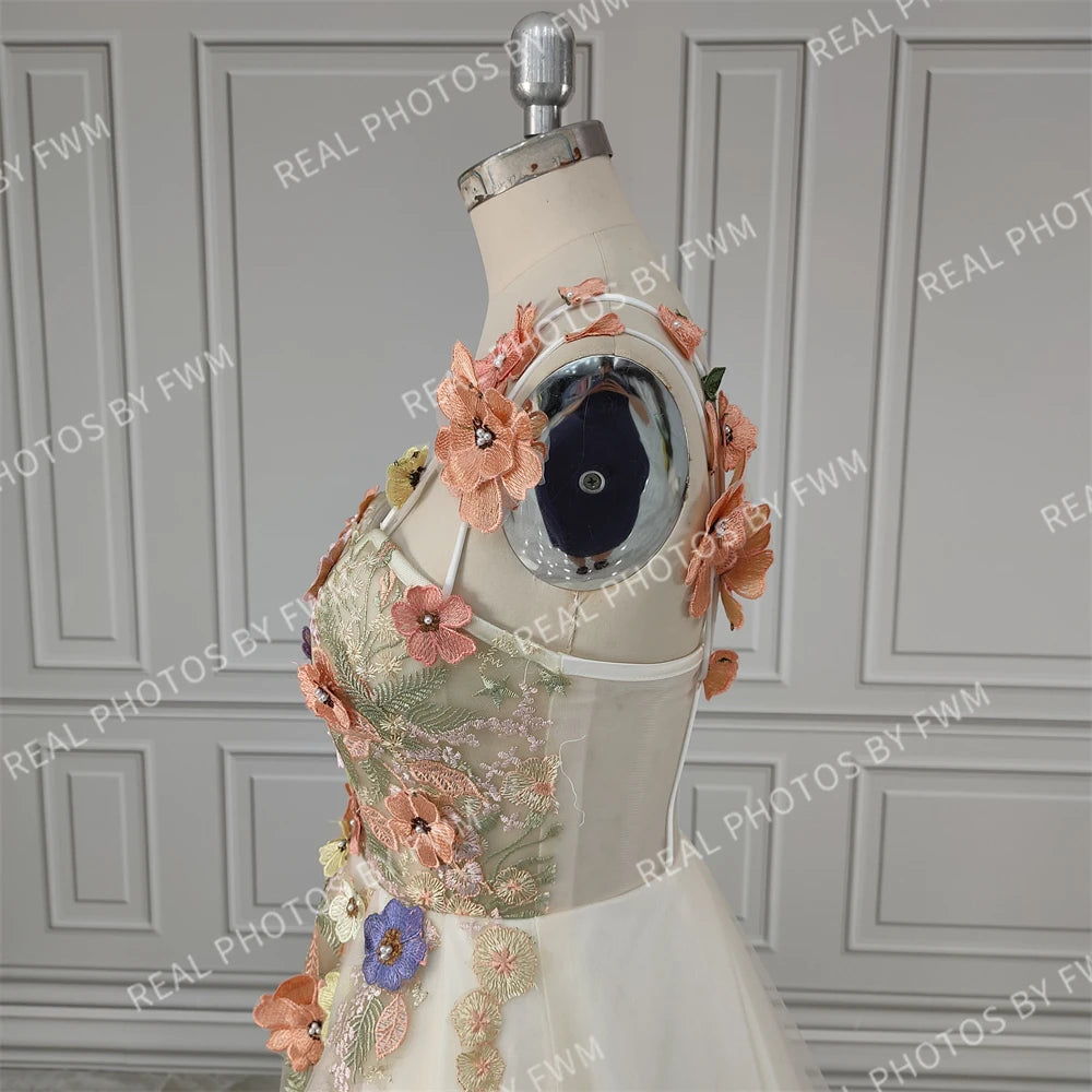 Real Photos One Shoulder 3D Flowers Split Front Wedding Gown Birthday Party Dress for Plus Size Women Prom Evening Dresses