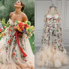 Real Photos Unique Off Shoulder Flower Appliques Lace Ruffles Tulle A-line Wedding Dress With Veil Bride Gown for Women 12970