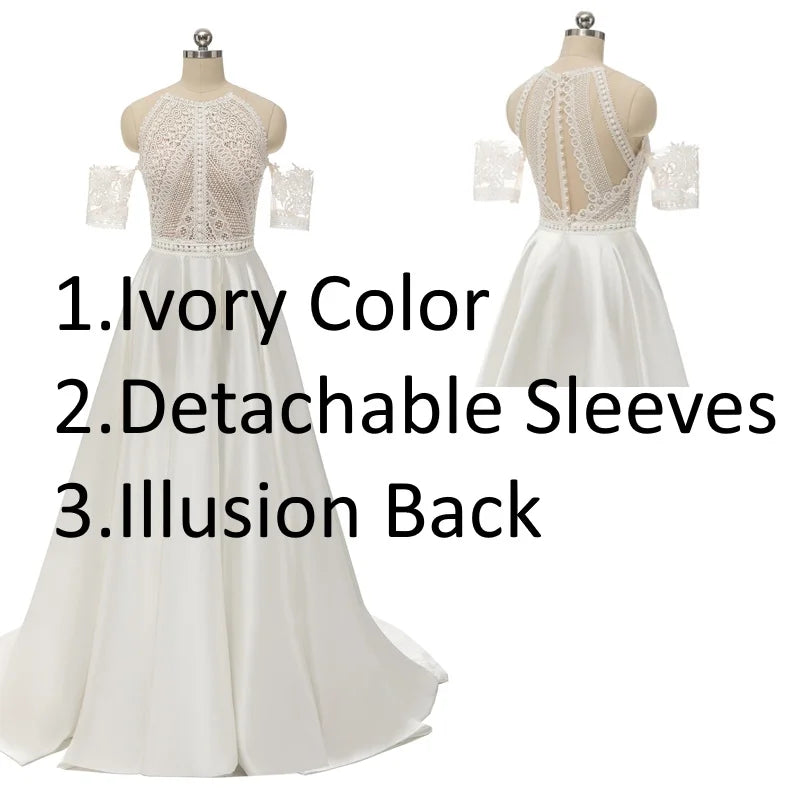 #1305 Real Photos Bohemian VINTAGE BOHO A-Line Wedding Dresses Lace Satin Detachable Sleeve Wedding Dress Bridal Gowns Beach