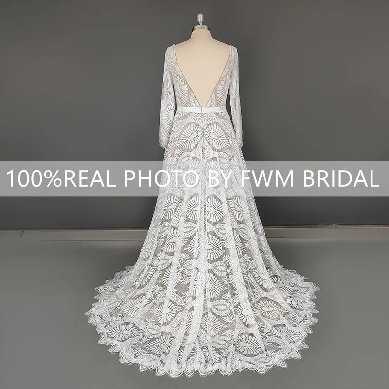 15148# Real Photos Long Sleeves Appliques Lace Wedding Dress Bohemia Spring V-neck Sweep Train Bridal Gown for Engagement