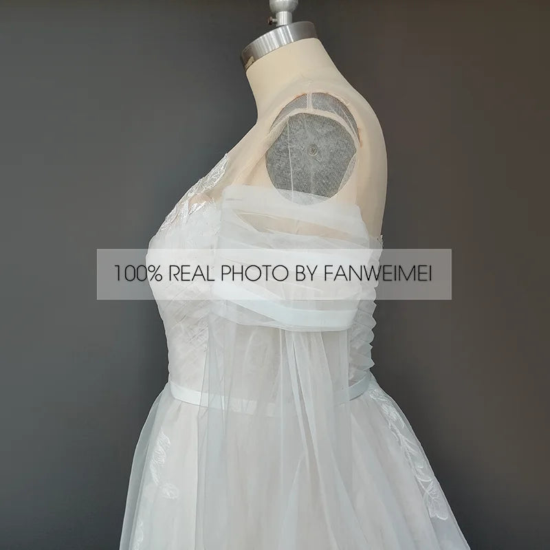 Real Photos Puffy Sleeve O-Neck Sweep Train Applique Lace A-Line Wedding Dress Woman Tulle Bridal Gown for Wedding Dress