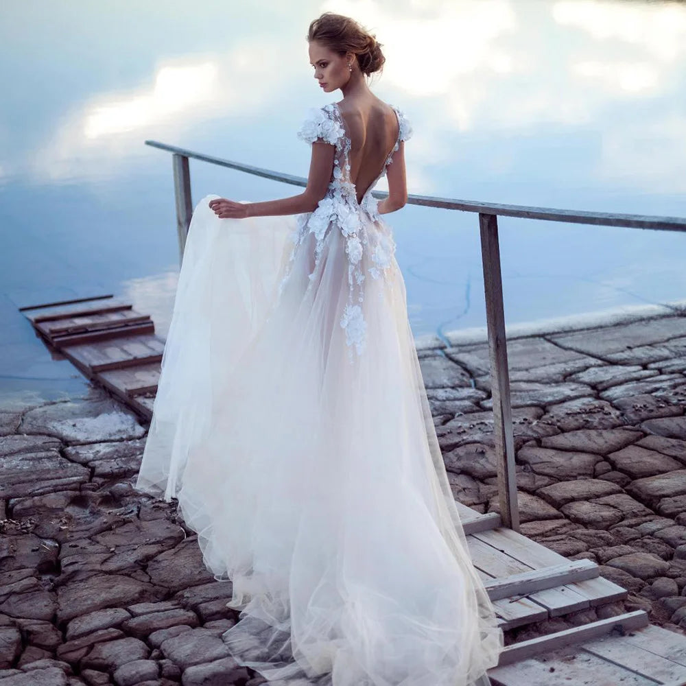 #8150 Real Photos Romantic 3D Flowers V-neck Sweep Train Backless A-line Lace Wedding Dress Bridal Gown for Women Custom Made