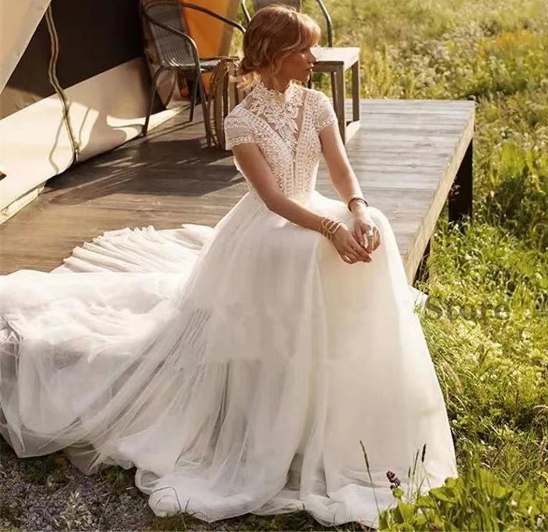 9696# Real Photos Boho Short Sleeves Backless A-line Tulle Wedding Dress Sweep Train Appliques Lace Bride Gown for Women