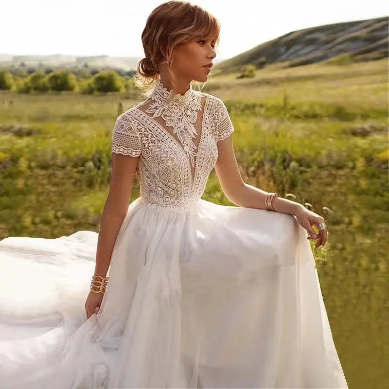 9696# Real Photos Boho Short Sleeves Backless A-line Tulle Wedding Dress Sweep Train Appliques Lace Bride Gown for Women