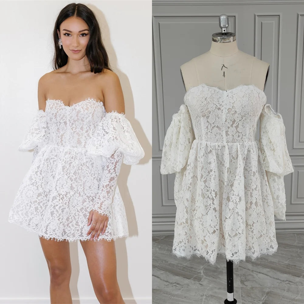 15279# Real Photos Appliques Lace Puffy Sleeves Mini Wedding Bridal Ball Gown Birthday Party Dress Women Prom Evening Dresses