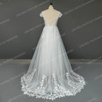 Real Photos Cap Sleeves 3D Flowers Appliques Lace A-line Wedding Dress Sweep Train V-Neck Bride Gown Bridal Dress for Women