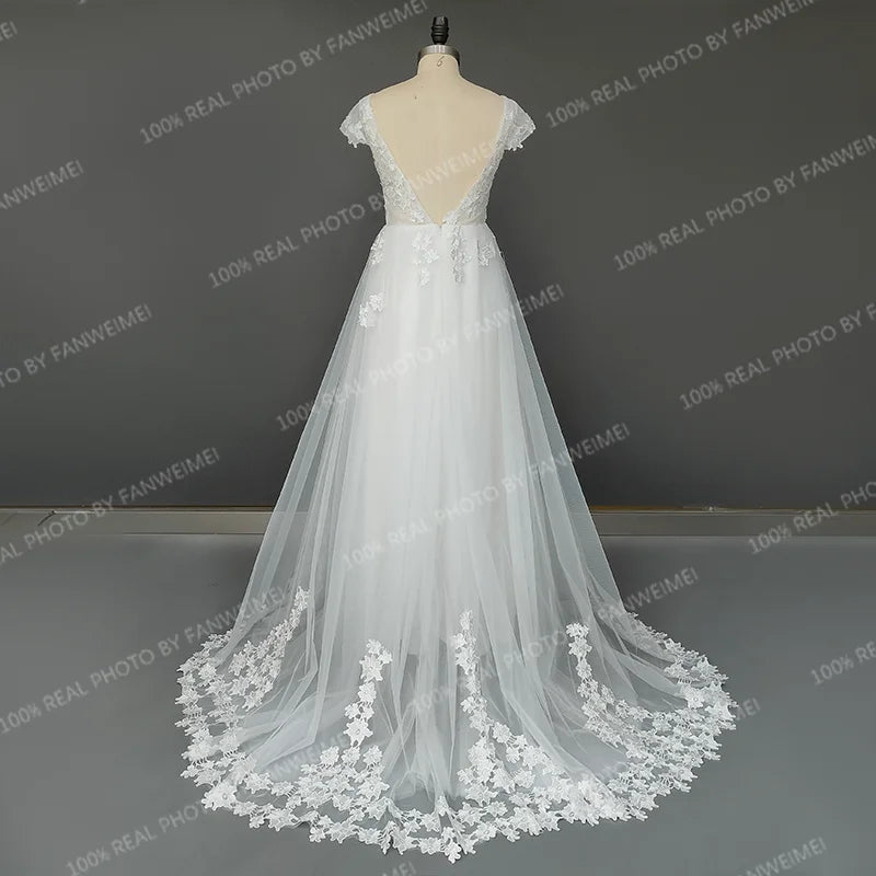 Real Photos Cap Sleeves 3D Flowers Appliques Lace A-line Wedding Dress Sweep Train V-Neck Bride Gown Bridal Dress for Women