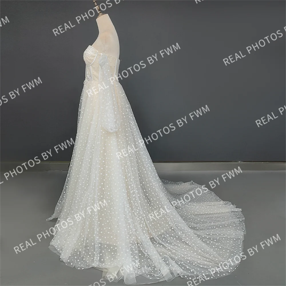 Real Photos Classic Boho Sweetheart A-Line Strapless Long Sleeves Backless Beach Sweep Train Lace Wedding Dress Bridal Gown