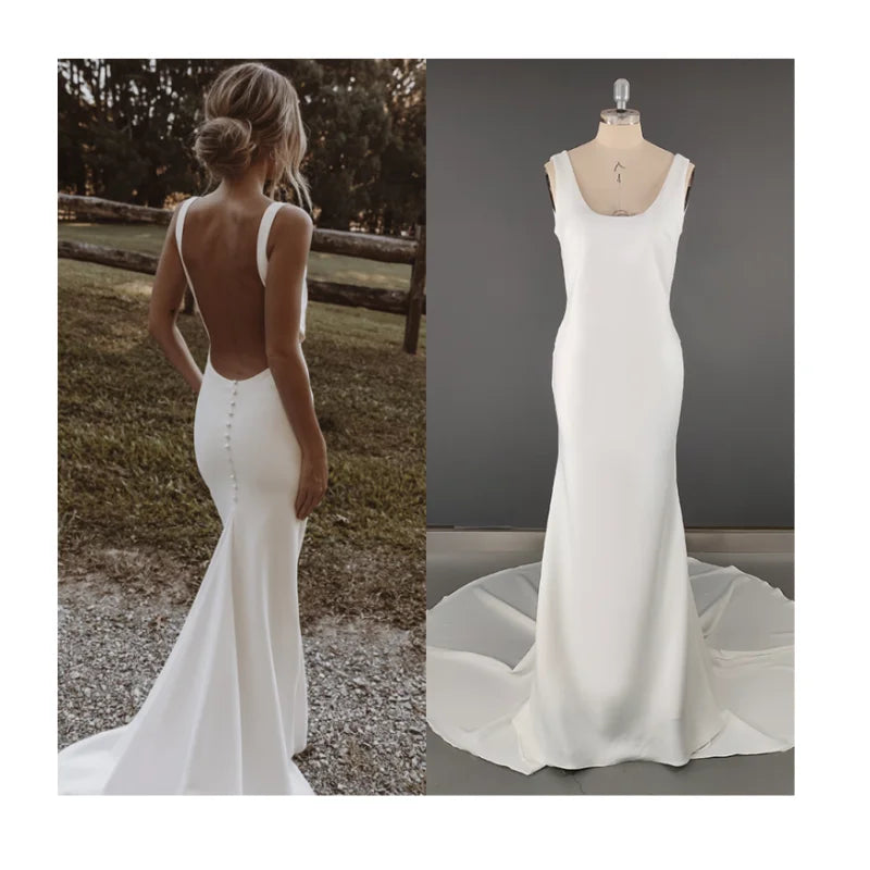 10090#Real Photos Simple Sweep Train V-Neck Spaghetti Straps Wedding Dress for Plus Size Women Bridal Gown Evening Dresses