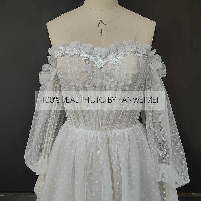Real Photos Elegant Detachable 3/4 Puffy Sleeves Pleated Dot Tulle A-line Wedding Dress Sweep Train Bride Gown for Women