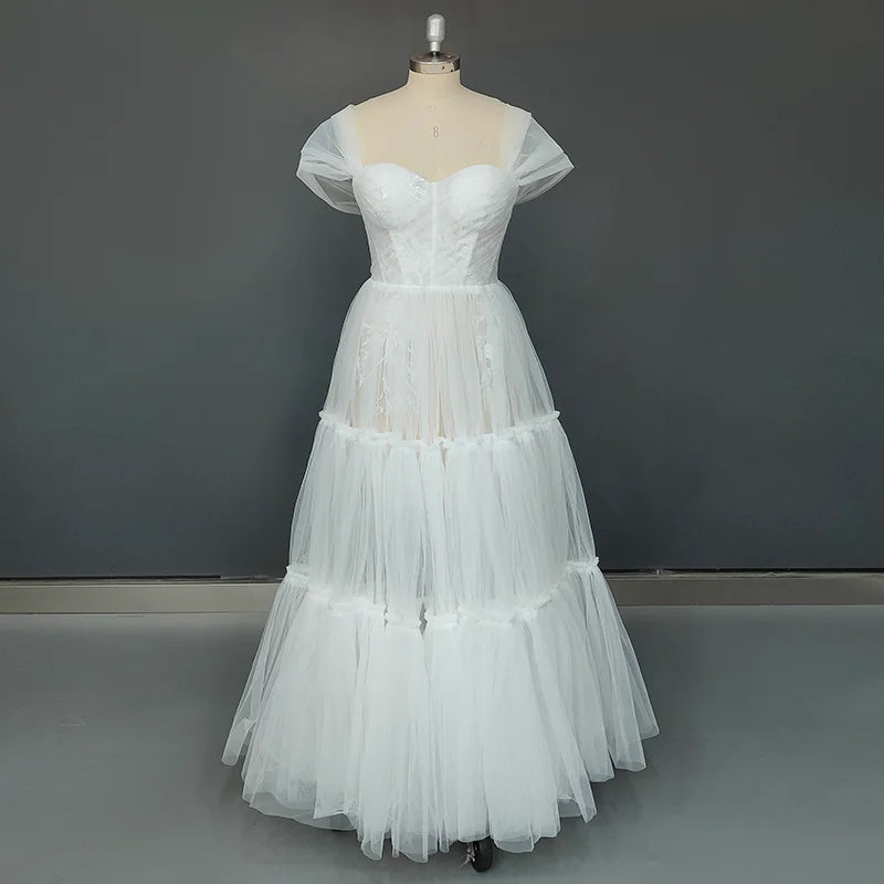 11395#Real Photos Off-Shoulder Sweetheart Open Corset Back A-Line Tulle Floor Length Lace Wedding Dress Wedding Bridal Gown