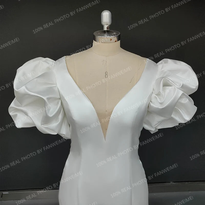 11111# Real Photos Korea Style Deep V-Neck Wedding Dresses Short Sleeve Satin Sweep Train Mermaid Bridal Dress Wedding Gown