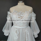 Real Photos Puffy Sleeve O-Neck Sweep Train Applique Lace A-Line Wedding Dress Woman Tulle Bridal Gown for Wedding Dress
