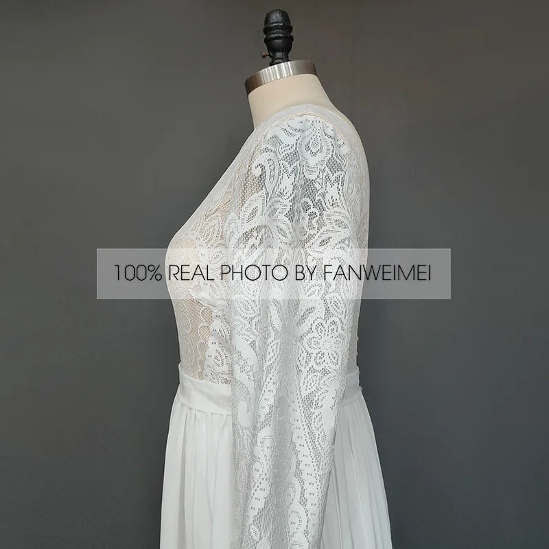 100% Real Photos Bohemian Chiffon Wedding Dresses Boat Neck Long Sleeve Lace Wedding Bridal Gowns for Plus Size Women