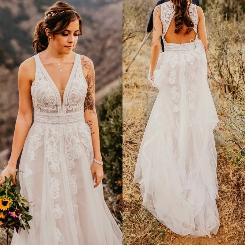 12640# Real Photos V-neck Backless Appliques Illusion Lace Wedding Dress Exquisite Sweep Train A-line Bridal Gown for Party