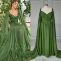 15171# Real Photos Green V-neck Ruched Belt Split Front Lace A-line Prom Evening Dress Wedding Party Dress for Plus Size Women