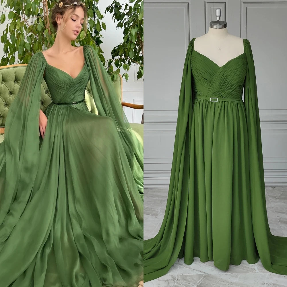 15171# Real Photos Green V-neck Ruched Belt Split Front Lace A-line Prom Evening Dress Wedding Party Dress for Plus Size Women