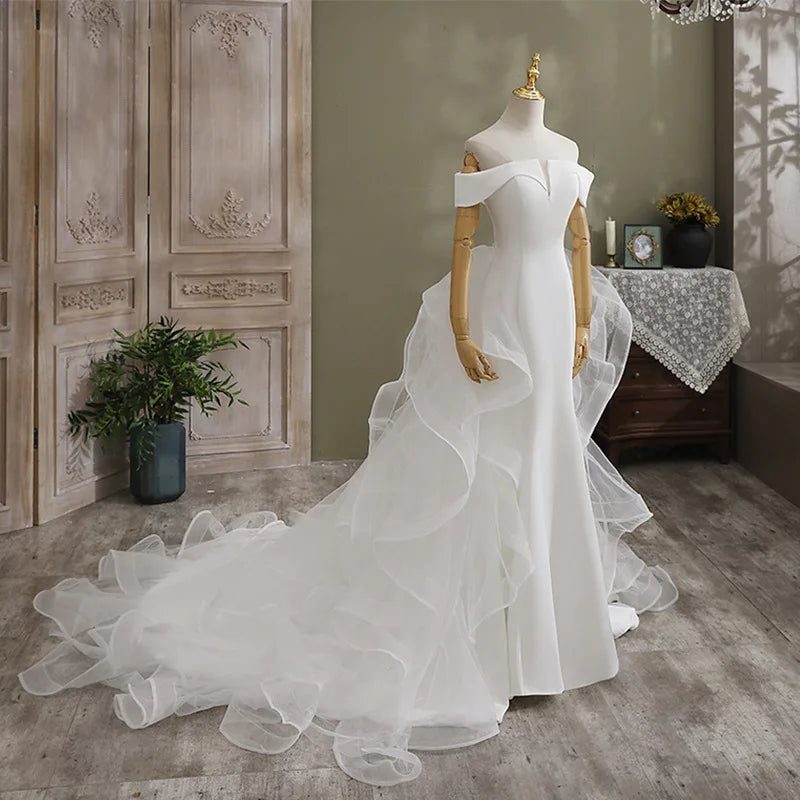 10295#Real Photos Off-Shoulder Sweetheart Corset Back Mermaid Tulle Ruffle Detachable Train  Wedding Dress Wedding Bridal Gown