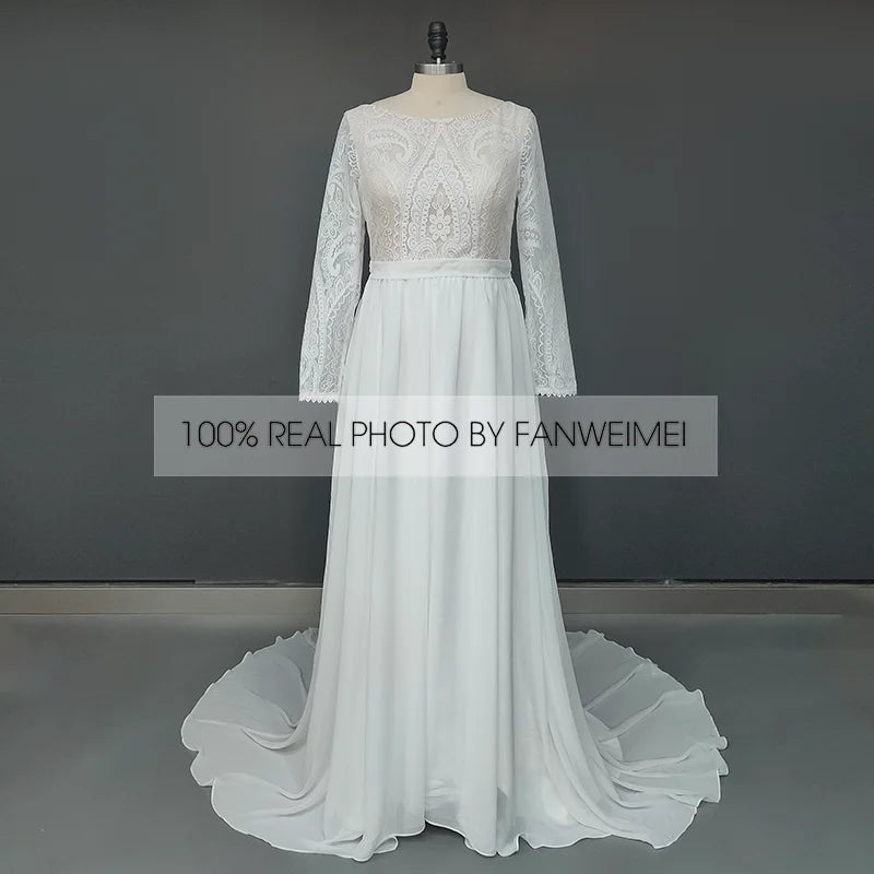 100% Real Photos Bohemian Chiffon Wedding Dresses Boat Neck Long Sleeve Lace Wedding Bridal Gowns for Plus Size Women
