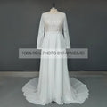 100% Real Photos Bohemian Chiffon Wedding Dresses Boat Neck Long Sleeve Lace Wedding Bridal Gowns for Plus Size Women