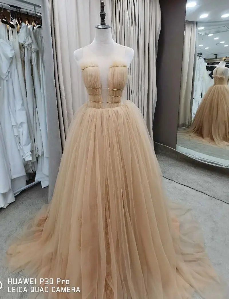 #3113 REAL PHOTOS O-Neck Elegant Champagne Sleeveless Puffy A-Line Bride Gown Wedding Dress for Women Evening Dress Party Dress