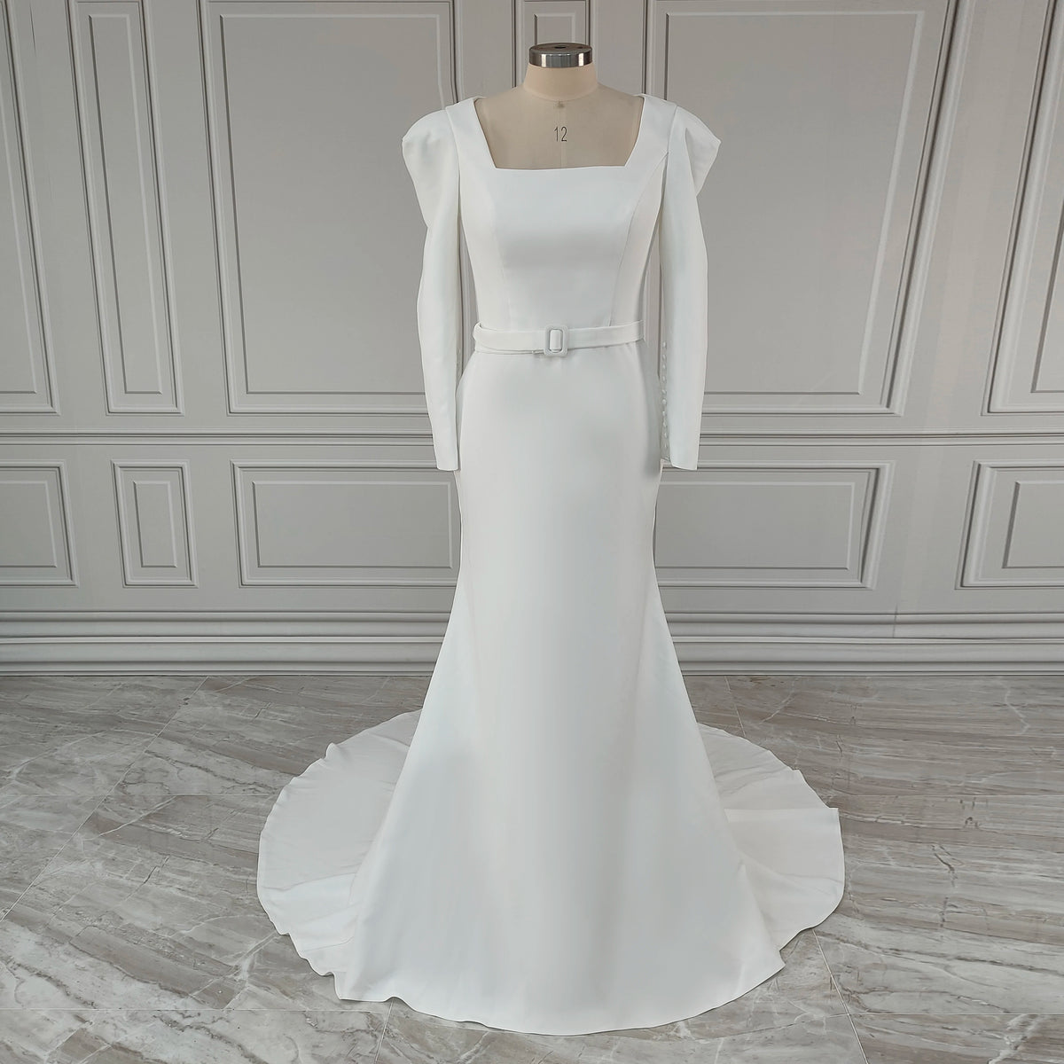 Real Photos High Quality Full Sleeves Square Collar Mermaid Satin Wedding Dress With Belt Sweep Train Bride Gown for Women