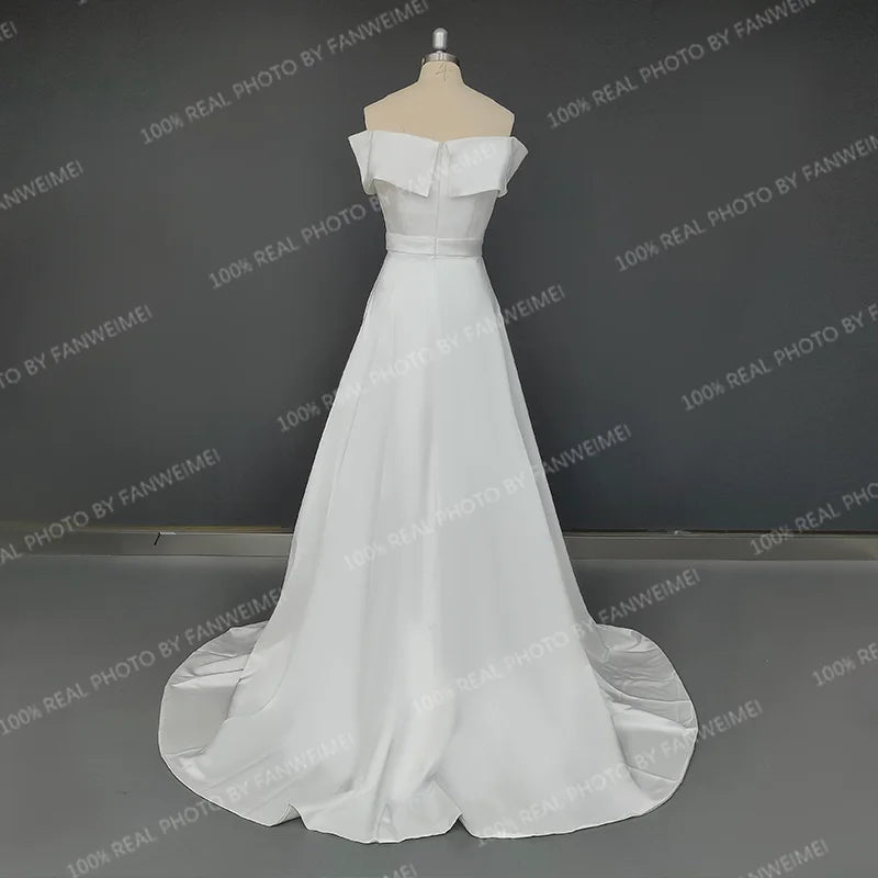 Real Photos Simle Classic Off Shoulder A-line Satin Wedding Dress Side Slit Bridal Gown Sweep Train Bride Dress for Wedding