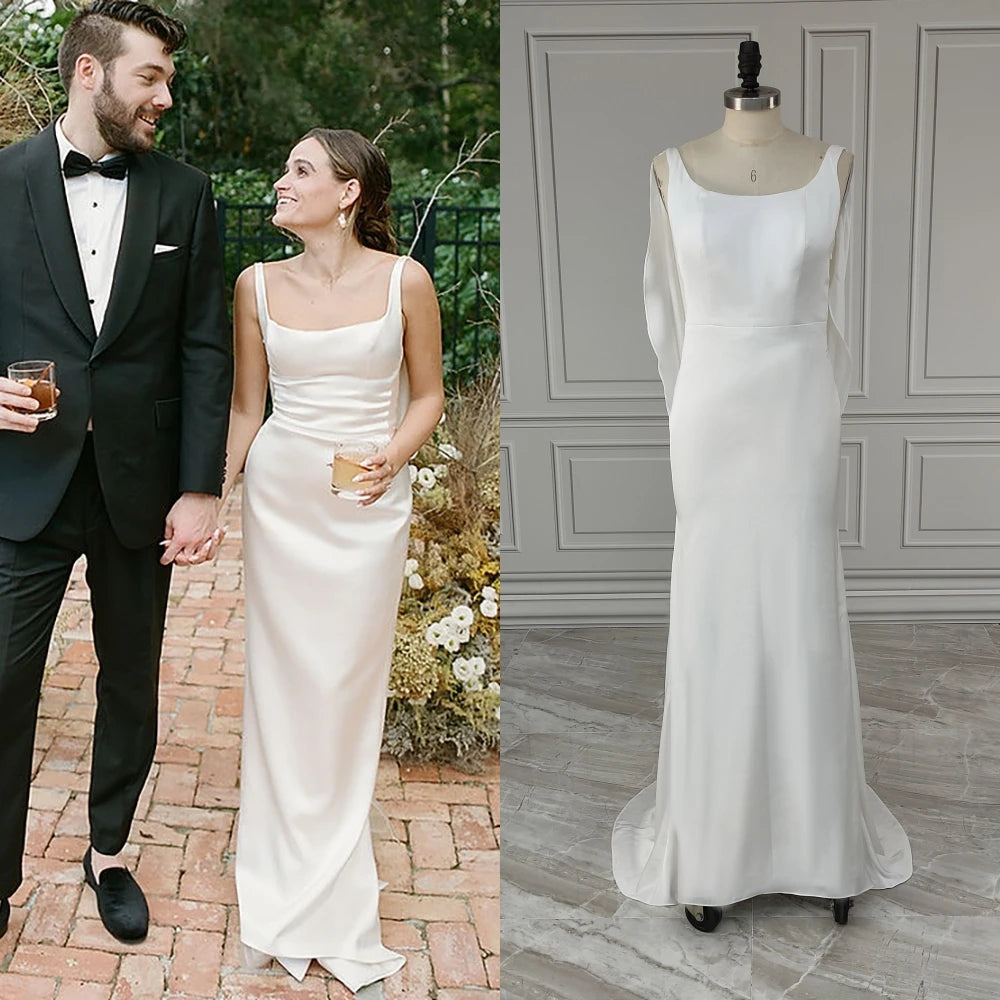 12844# Real Photos Square Collar Spaghetti Straps Satin Mermaid Wedding Dress Backless Bride Gown for Women evening dress