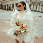 8292# New Real Photo Puff Sleeves Ruffle Organza Neck Chiffon Beach Illusion Lace Above Knee Length Wedding Dress Mini Ball Gown