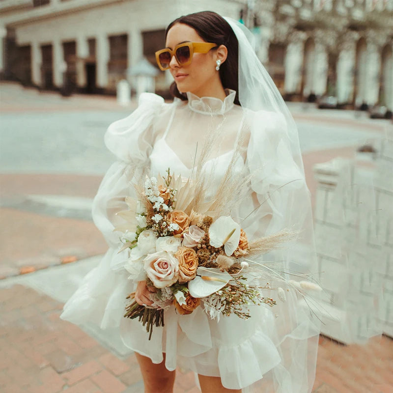 8292# New Real Photo Puff Sleeves Ruffle Organza Neck Chiffon Beach Illusion Lace Above Knee Length Wedding Dress Mini Ball Gown