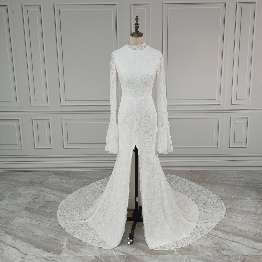 11449# Real Photos High Quality Boho Long Flare Sleeves Front Slit Mermaid Lace Wedding Dress for Women Bride Gown