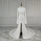 11449# Real Photos High Quality Boho Long Flare Sleeves Front Slit Mermaid Lace Wedding Dress for Women Bride Gown