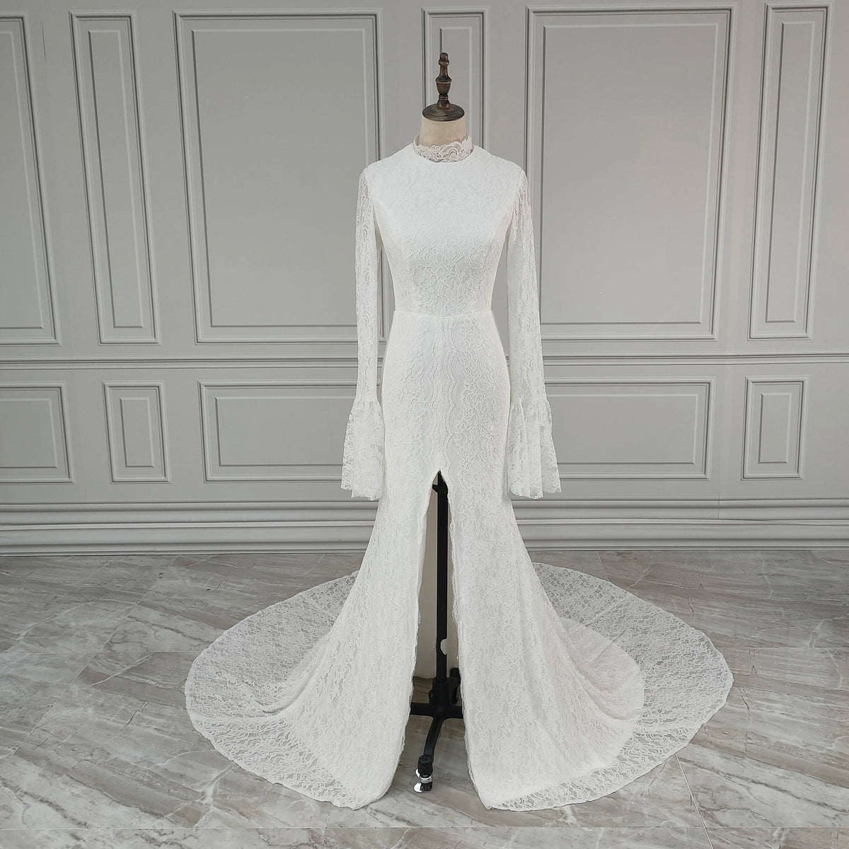 11449# Real Photos High Quality Boho Long Flare Sleeves Front Slit Mermaid Lace Wedding Dress for Women Bride Gown