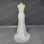 Real Photos Sexy Spaghetti Straps Deep V Neck Beading  Sequined Lace Wedding Dress Backless Mermaid Bridal Gown for Women