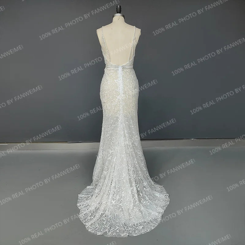 Real Photos Sexy Spaghetti Straps Deep V Neck Beading  Sequined Lace Wedding Dress Backless Mermaid Bridal Gown for Women
