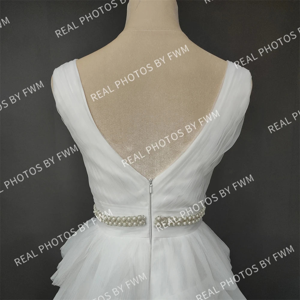 100% Real Photos Elegant V-Neck Sleeveless Tiered Tulle Ball Gown for Wedding Backless Ruffles A-line Wedding Dress for Women
